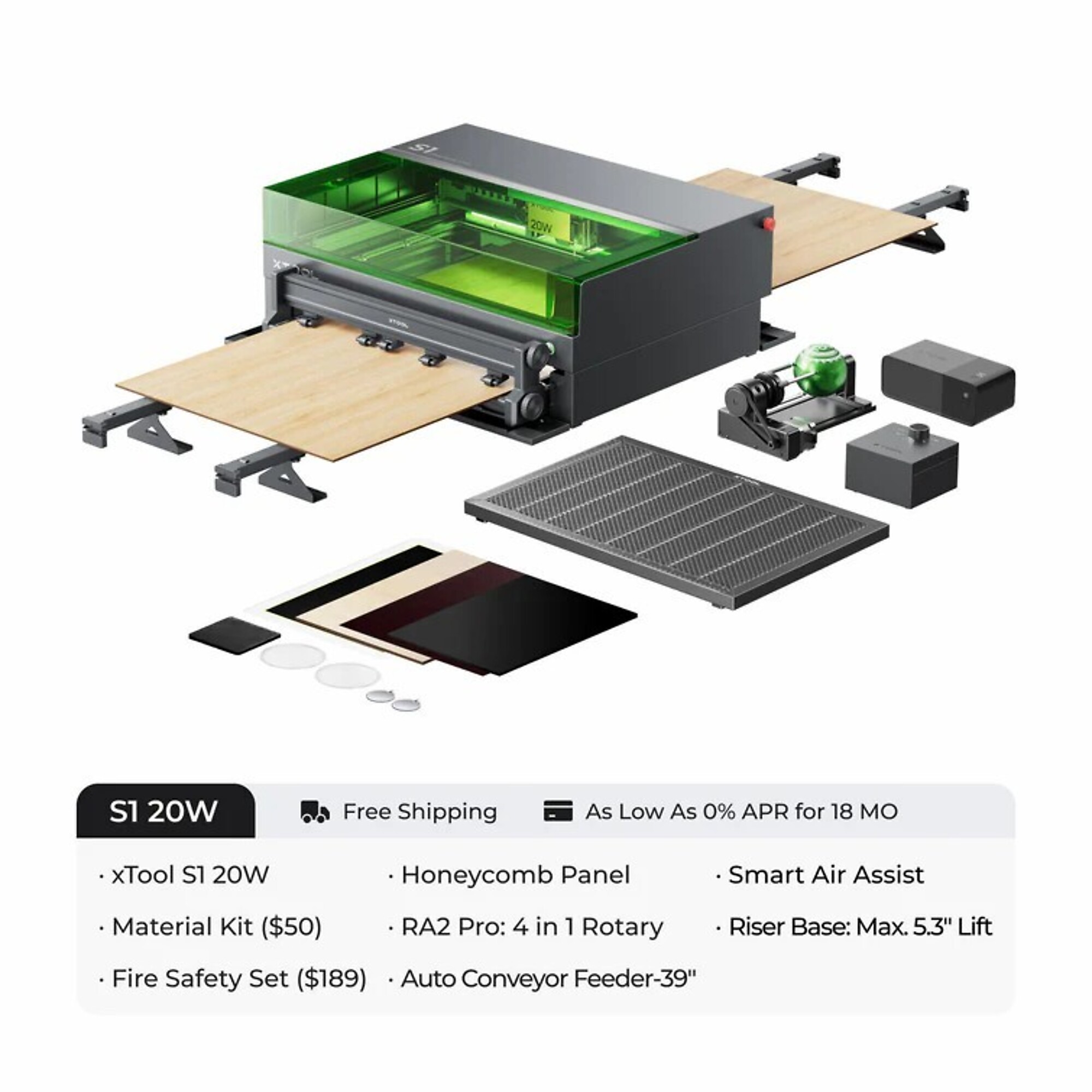 xTool, Laser Cutter and Engraver S1 20w, 600mm/s, Working Width 25.98 in, Working Length 33.86 in, Laser Power 20 W, Model# xTool S1 20W Deluxe Bundle